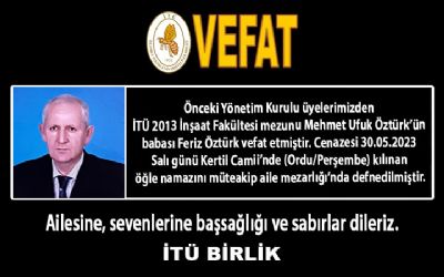 Önceki Yönetim Kurulu üyelerimizden Mehmet Ufuk Öztürk’ün babası Feriz Öztürk vefat etmiştir.